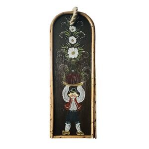Vtg Wine Carrier Toll Painted Spilt Bamboo‎ Dutch European Decor Button Closure